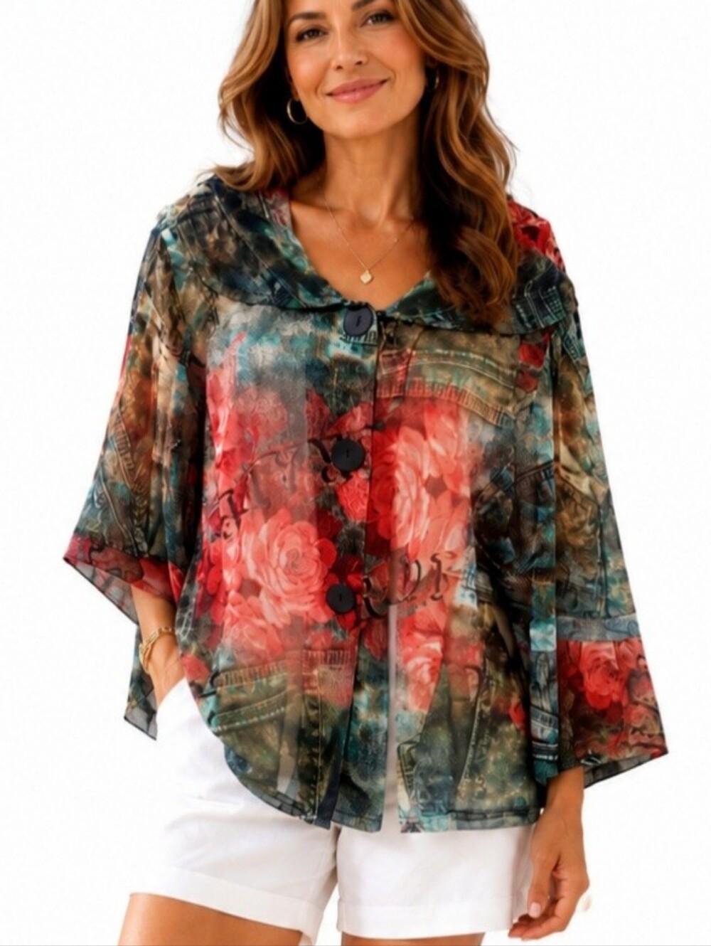 Damee Inc. Size XL Floral Mesh Jacket Top Sheer Artsy Button Front Swing Tunic